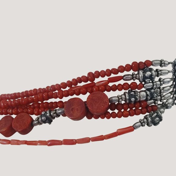 Red Coral Multi Strand Necklace 16 Inch Mexican 925 Sterling Silver Intricate - Picture 9 of 11